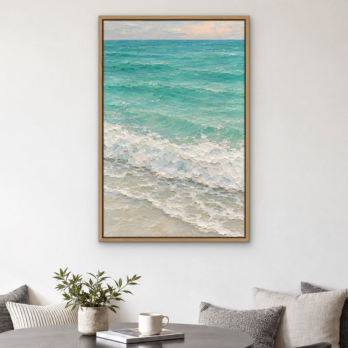 Mint Tide, teal abstract hand-painted canvas wall art in a kitchen nook – Gallery 23