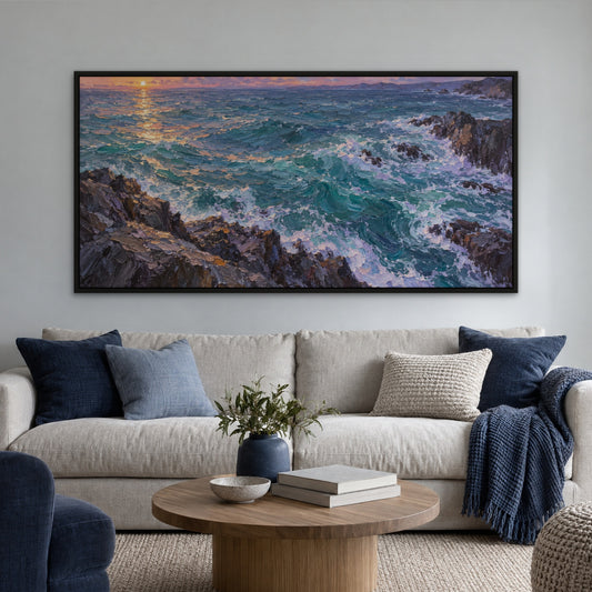 Lilac Dusk Swell, colourful seascape hand-painted canvas wall art in a living room – Gallery 23