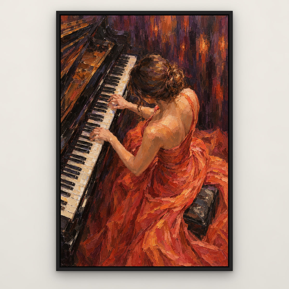 Coral Gown Pianist, red figurative hand-painted canvas wall art in a slim black float frame – Gallery 23