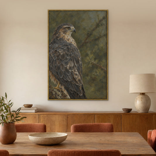Raptor Gaze, green wildlife hand-painted canvas wall art in a dining room – Gallery 23