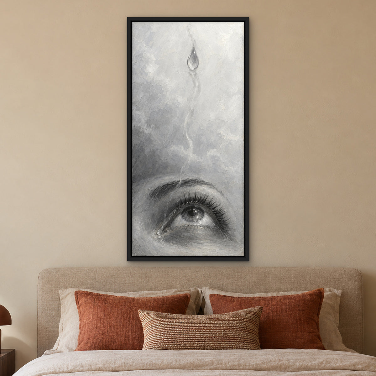 Falling Tear, black and white portrait hand-painted canvas wall art in a bedroom – Gallery 23