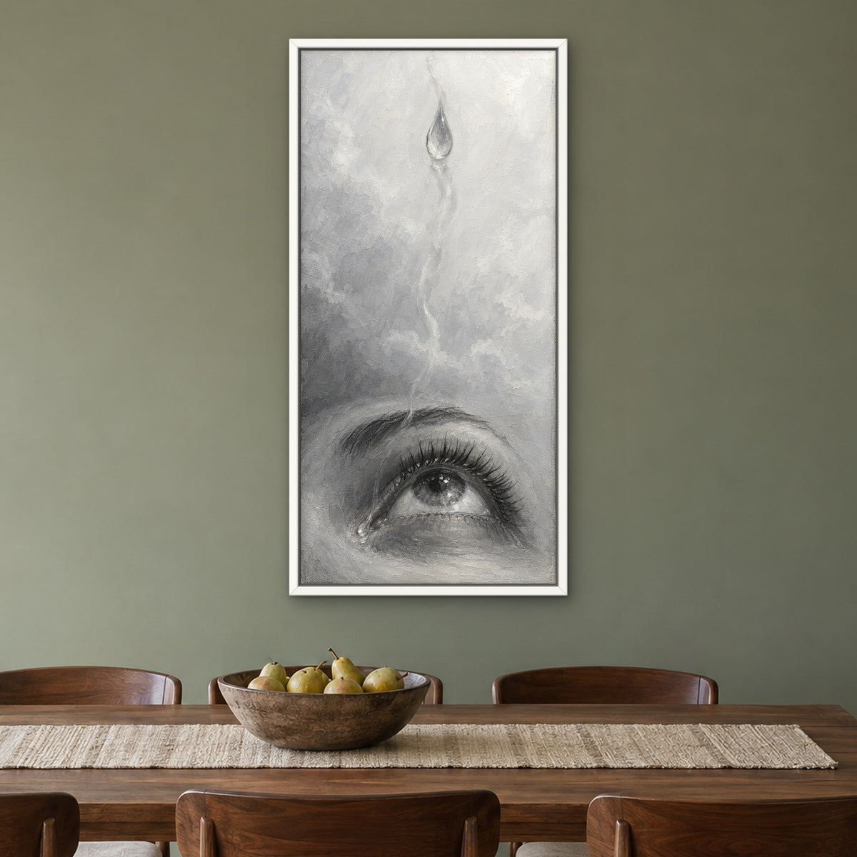 Falling Tear, black and white portrait hand-painted canvas wall art in a dining room – Gallery 23