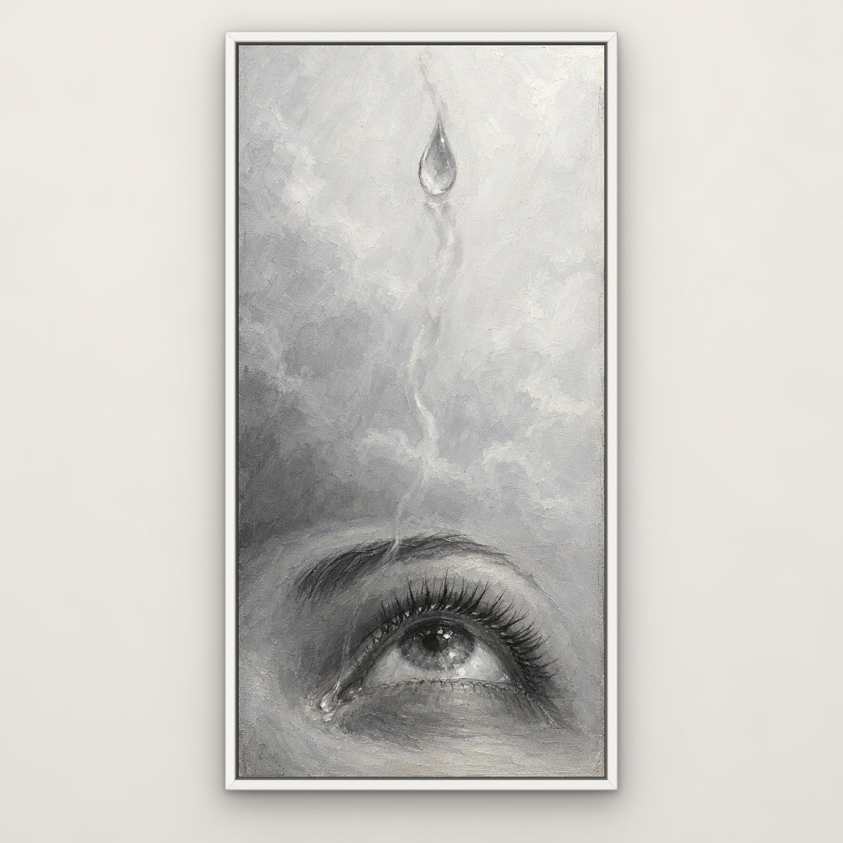 Falling Tear, black and white portrait hand-painted canvas wall art in a slim white float frame – Gallery 23