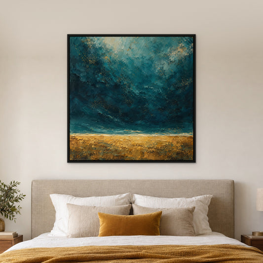 Teal Gold Horizon, neutral abstract hand-painted canvas wall art in a bedroom – Gallery 23