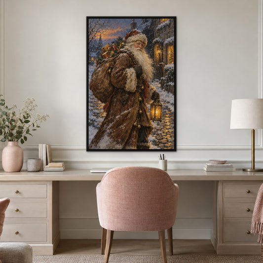 Old World Santa, brown portrait hand-painted canvas wall art in a home office – Gallery 23