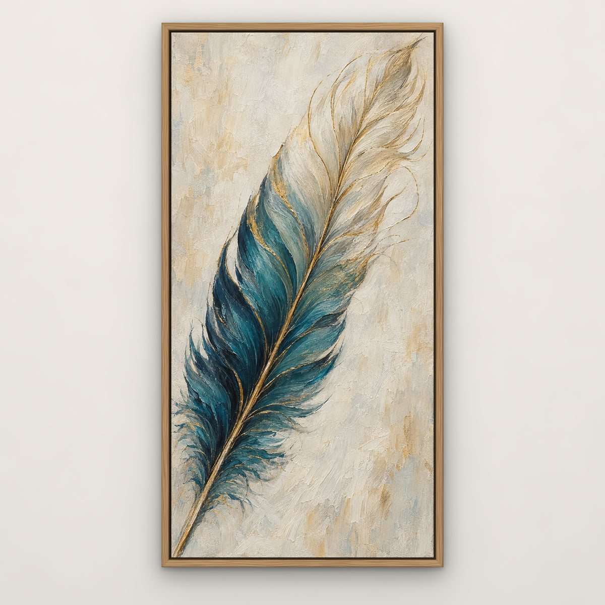 Teal Quill, blue still life hand-painted canvas wall art in a slim oak float frame – Gallery 23