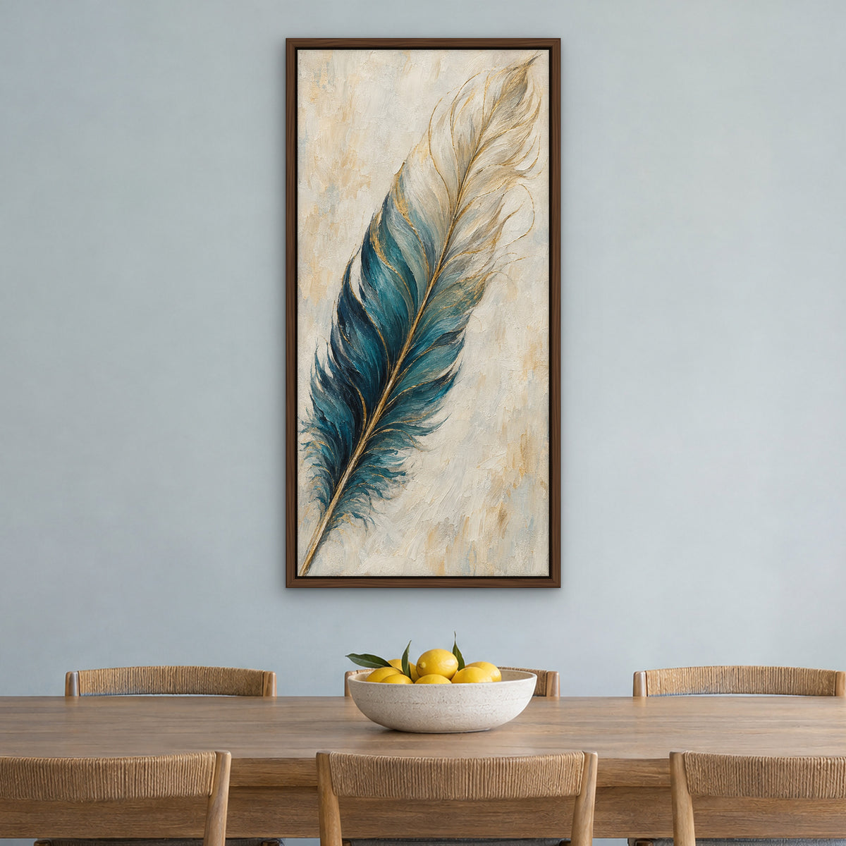 Teal Quill, blue still life hand-painted canvas wall art in a dining room – Gallery 23
