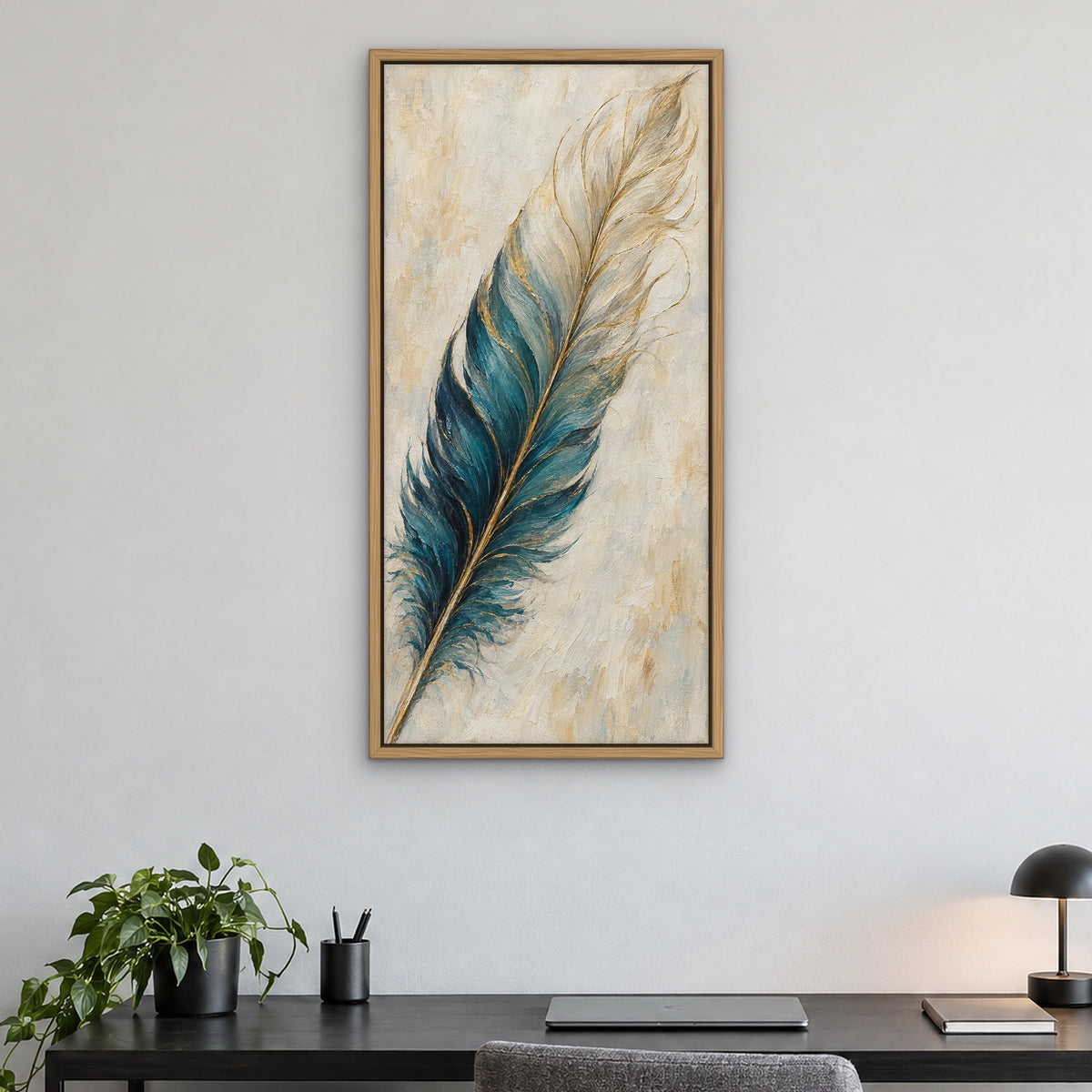 Teal Quill, blue still life hand-painted canvas wall art in a home office – Gallery 23