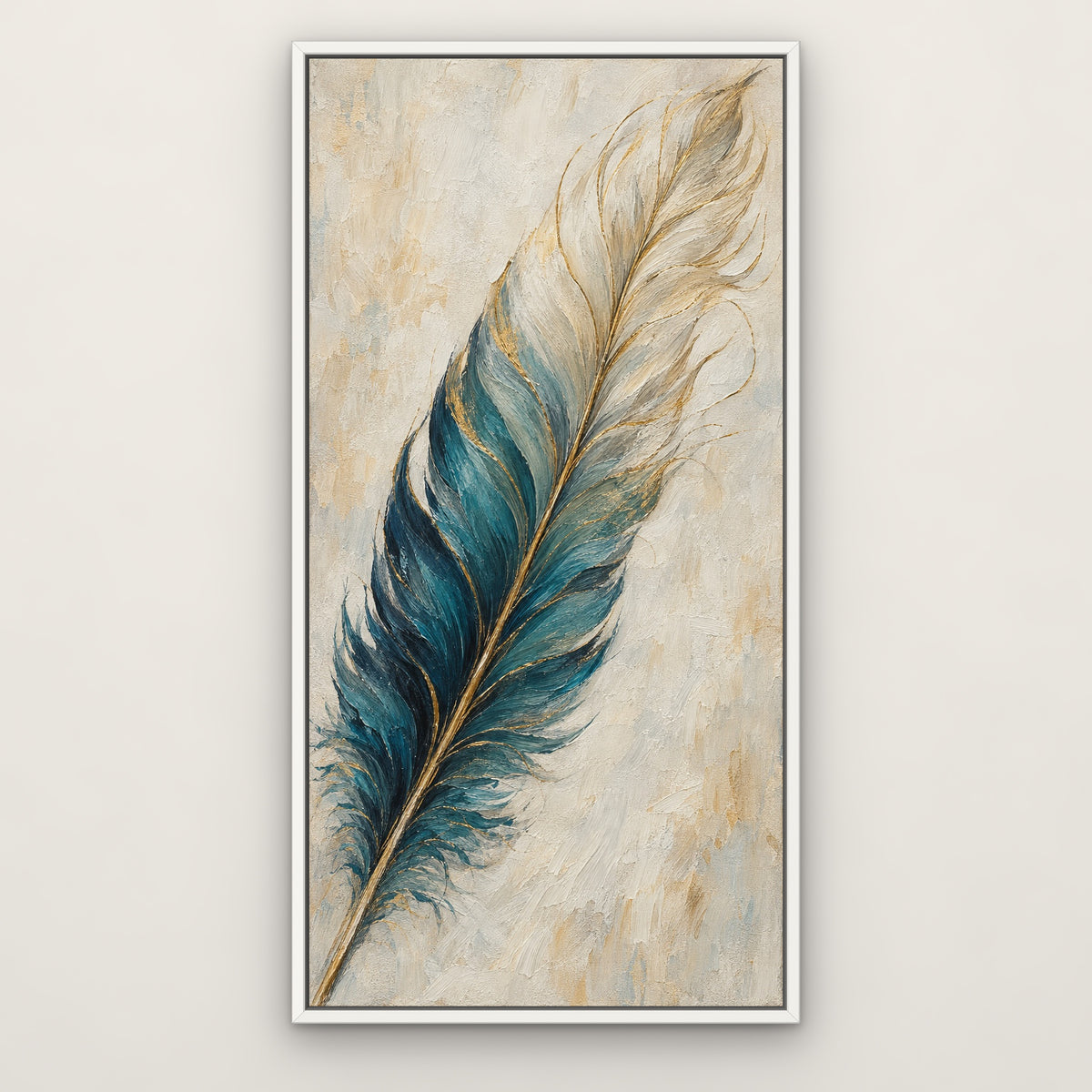 Teal Quill, blue still life hand-painted canvas wall art in a slim white float frame – Gallery 23