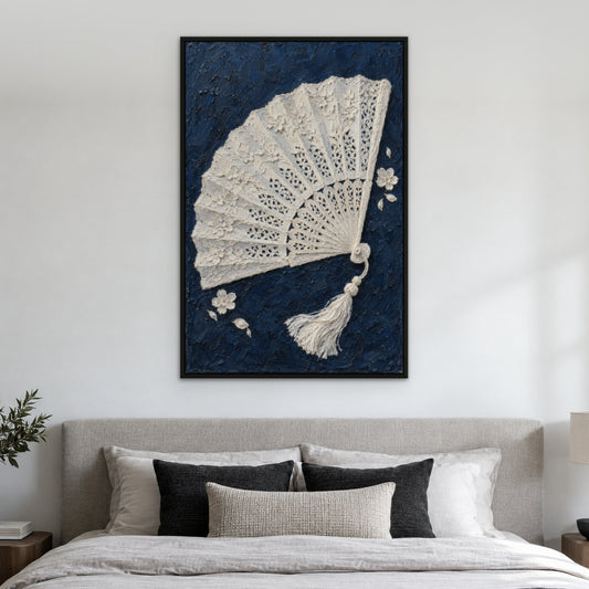 White Fan Relief, neutral botanical hand-painted canvas wall art in a bedroom – Gallery 23