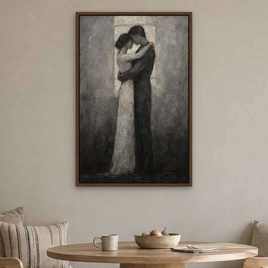 Entwined Figures, black and white figurative hand-painted canvas wall art in a kitchen nook – Gallery 23