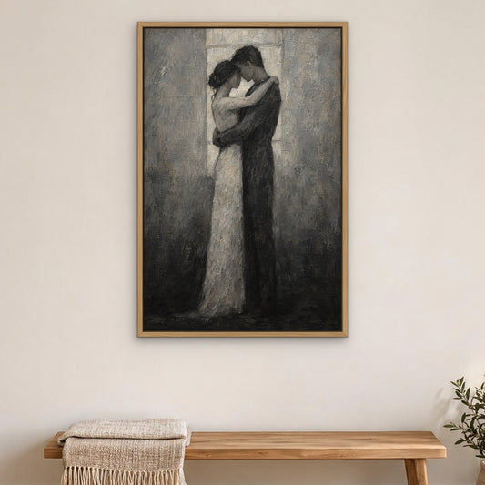 Entwined Figures, black and white figurative hand-painted canvas wall art in a bedroom – Gallery 23
