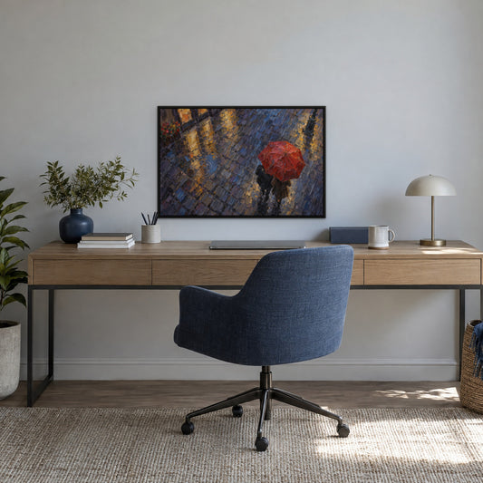 Under One Umbrella, blue figurative hand-painted canvas wall art in a home office – Gallery 23