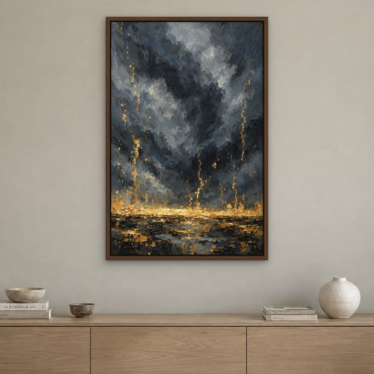 Storm and Gold, grey abstract hand-painted canvas wall art in a living room – Gallery 23