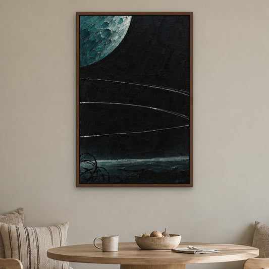 Teal Moon Contour, grey abstract hand-painted canvas wall art in a kitchen nook – Gallery 23