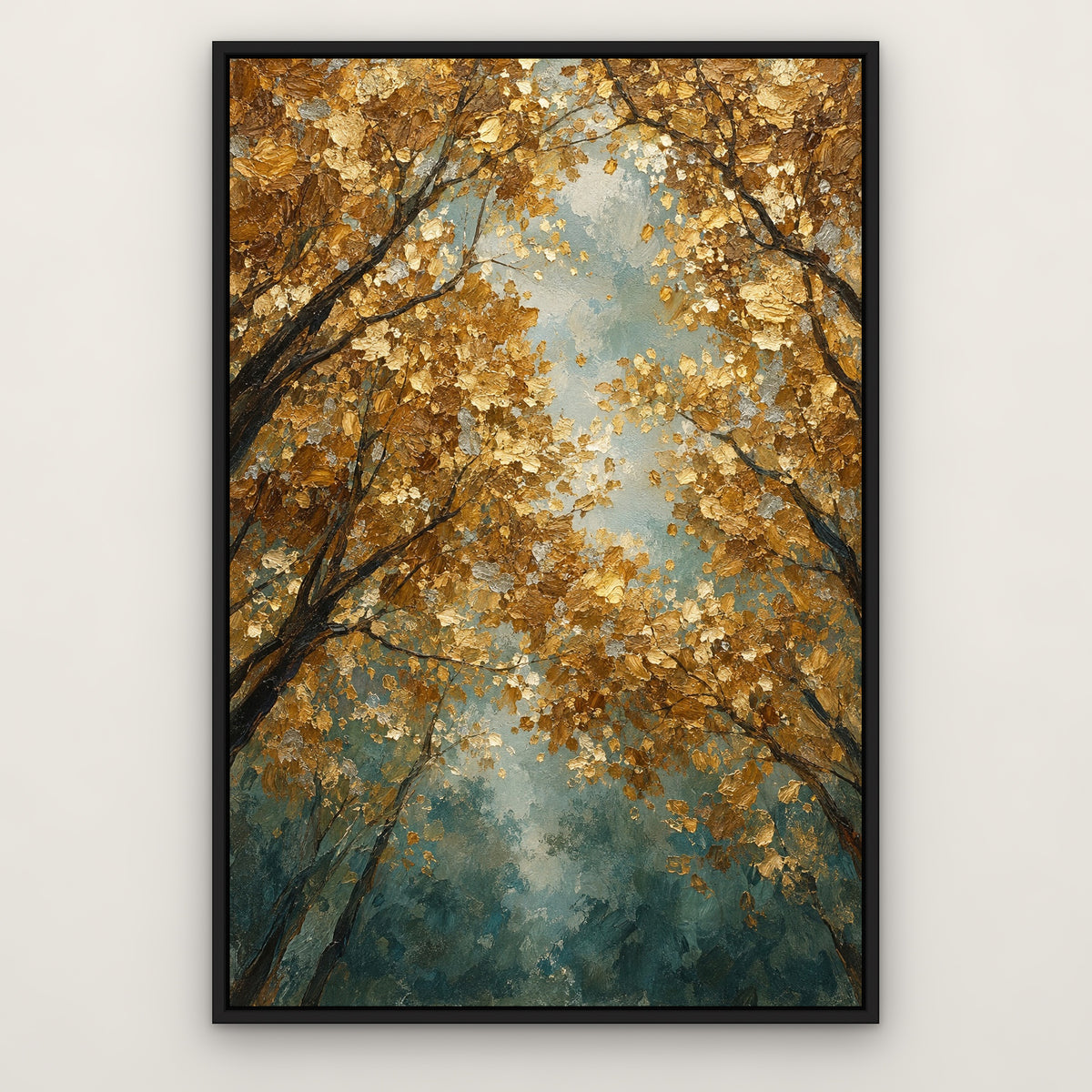 Golden Thicket, teal floral hand-painted canvas wall art in a slim black float frame – Gallery 23