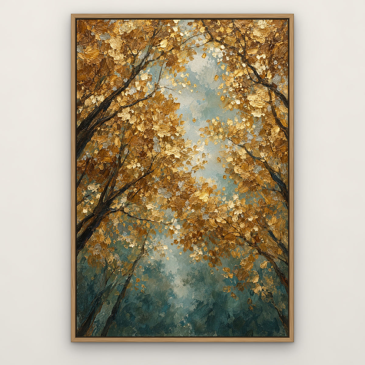 Golden Thicket, teal floral hand-painted canvas wall art in a slim oak float frame – Gallery 23