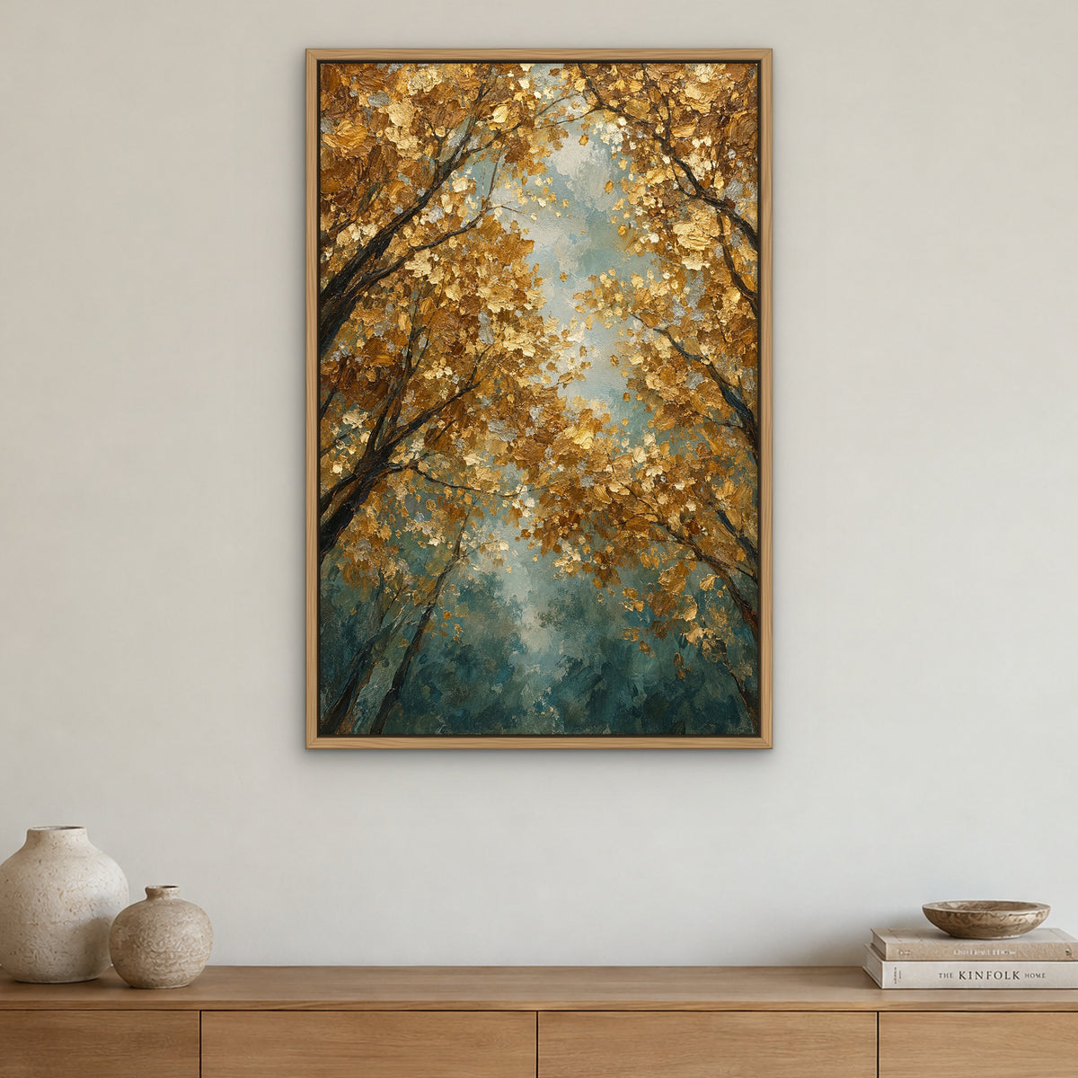 Golden Thicket, teal floral hand-painted canvas wall art in a dining room – Gallery 23