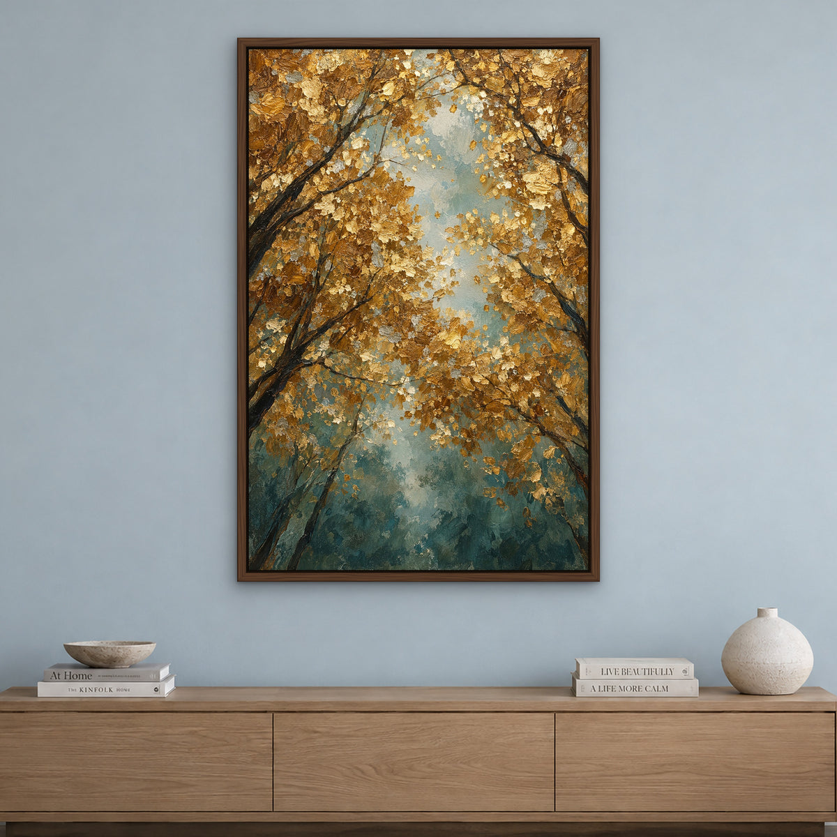 Golden Thicket, teal floral hand-painted canvas wall art in a living room – Gallery 23