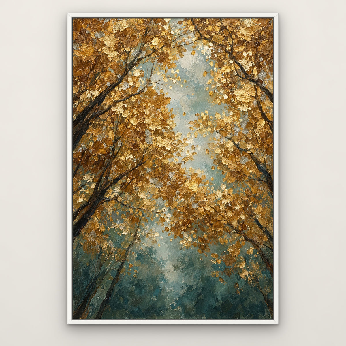 Golden Thicket, teal floral hand-painted canvas wall art in a slim white float frame – Gallery 23