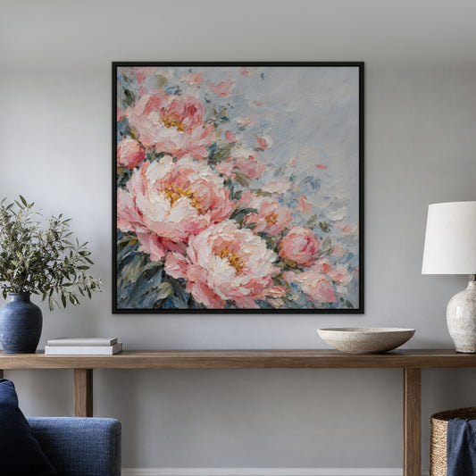 Blush Petal Burst, neutral abstract hand-painted canvas wall art in a hallway – Gallery 23