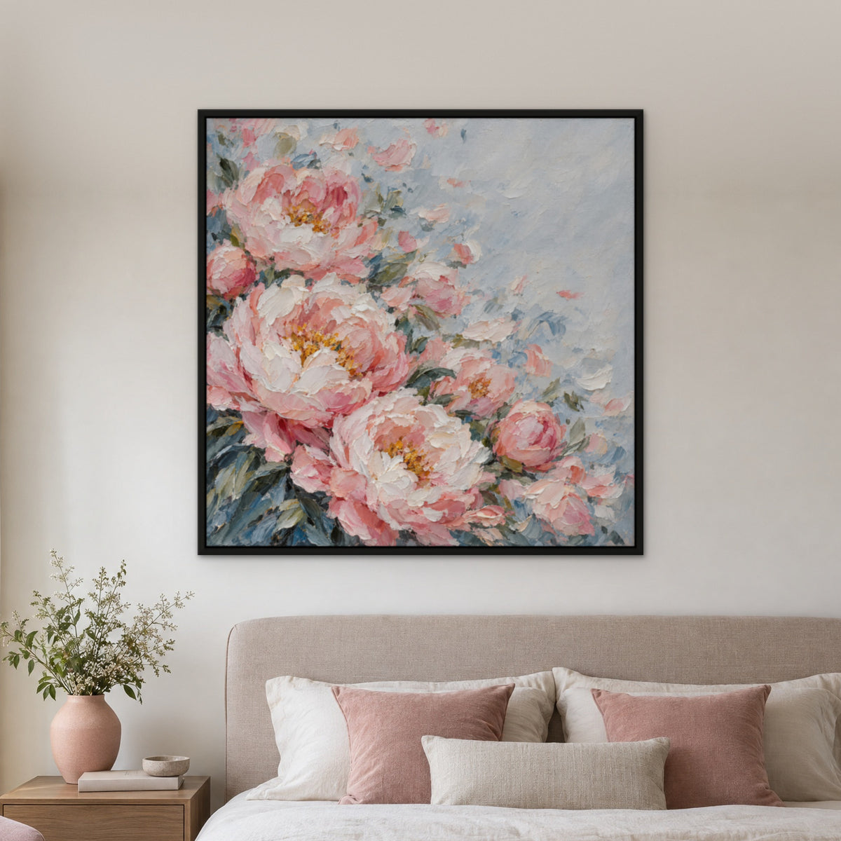 Blush Petal Burst, neutral abstract hand-painted canvas wall art in a bedroom – Gallery 23