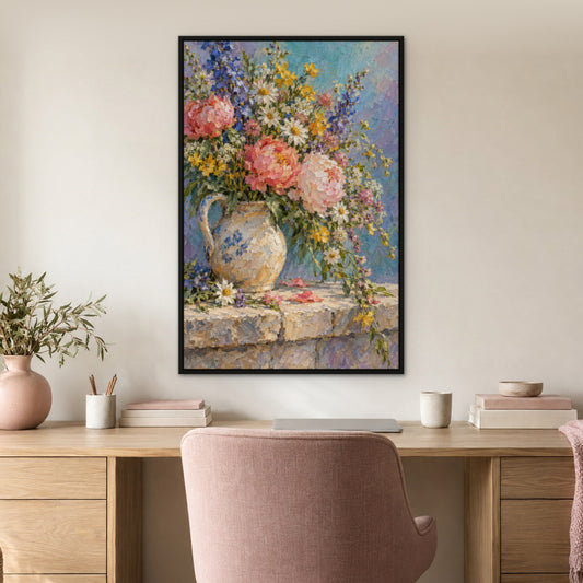 Midsummer Bouquet, colourful floral hand-painted canvas wall art in a home office – Gallery 23