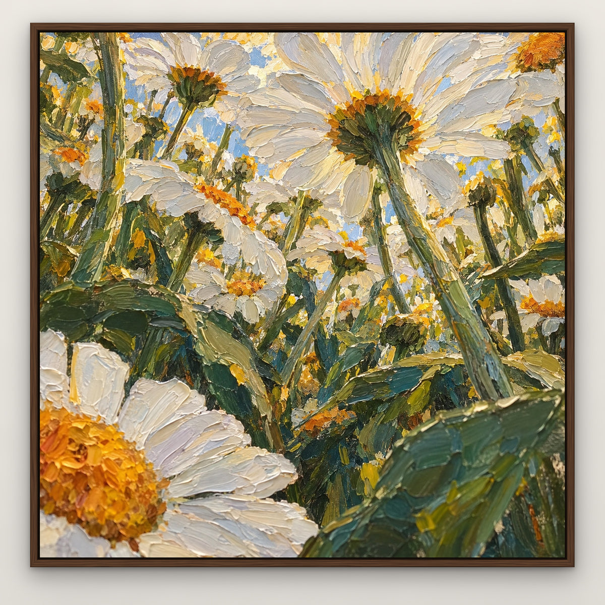 White Daisy Thicket, green floral hand-painted canvas wall art in a slim walnut float frame – Gallery 23