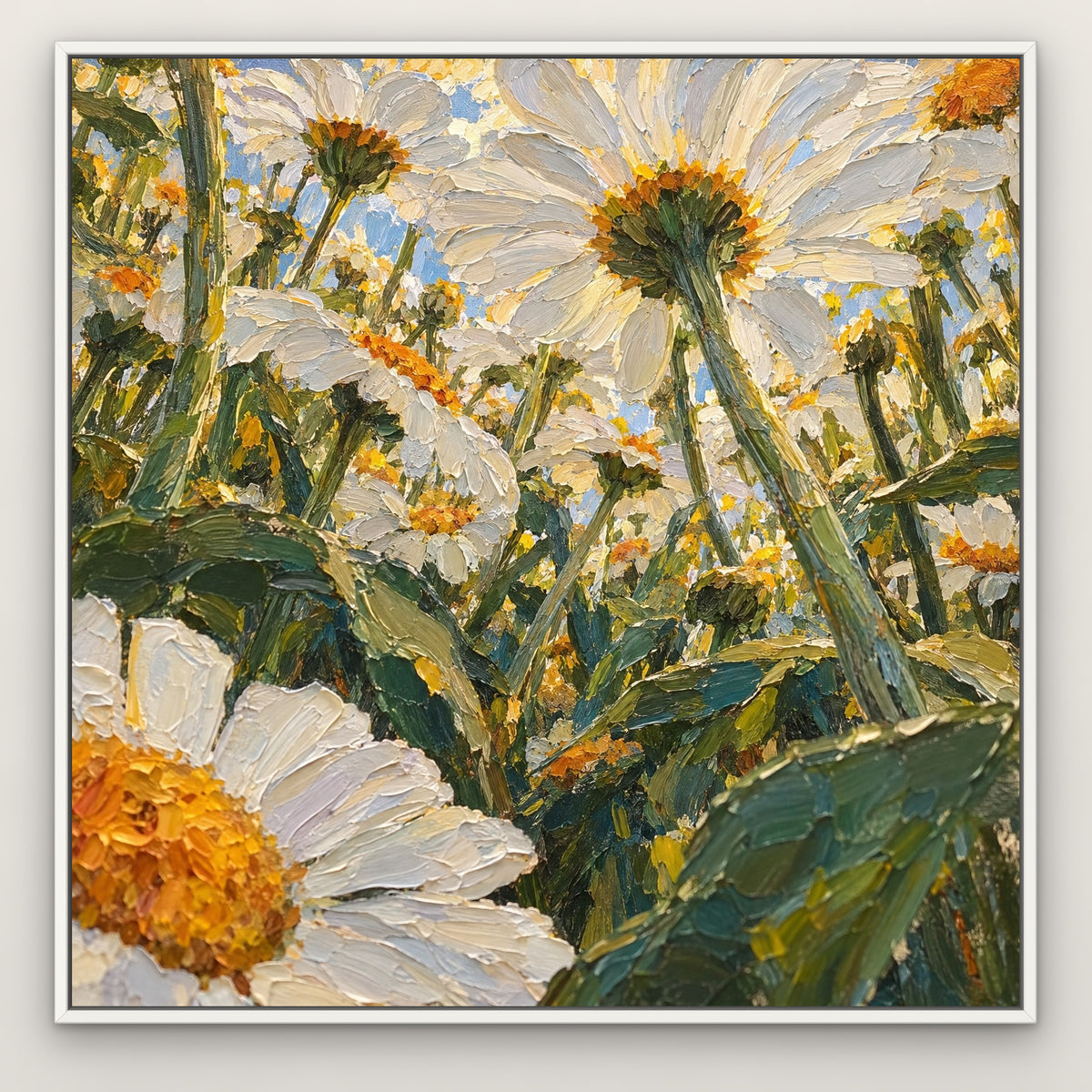 White Daisy Thicket, green floral hand-painted canvas wall art in a slim white float frame – Gallery 23
