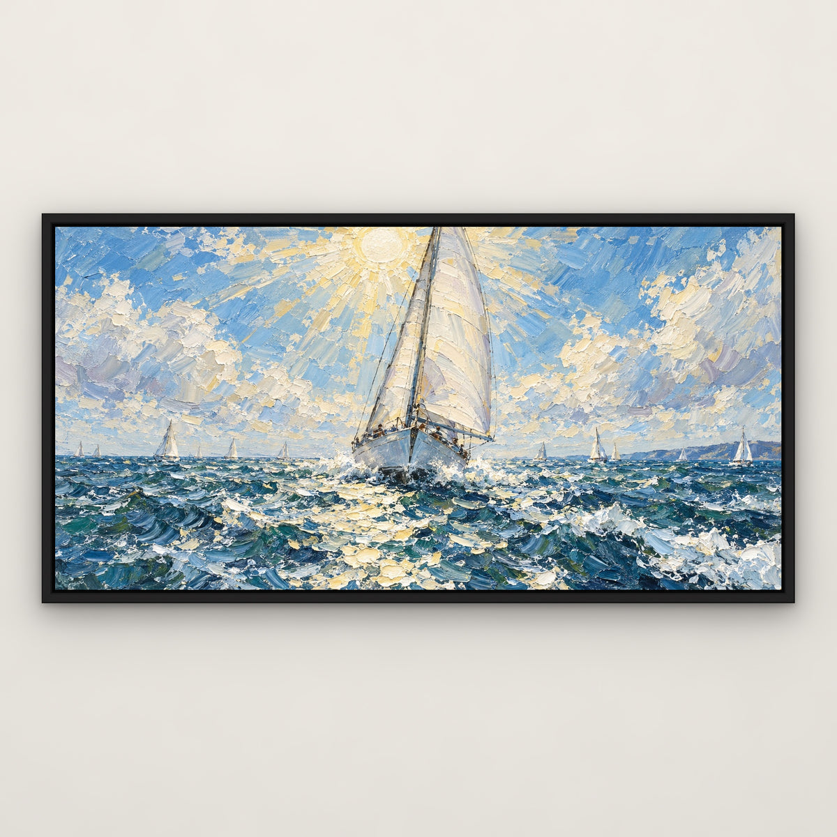 Sails at Noon, grey seascape hand-painted canvas wall art in a slim black float frame – Gallery 23