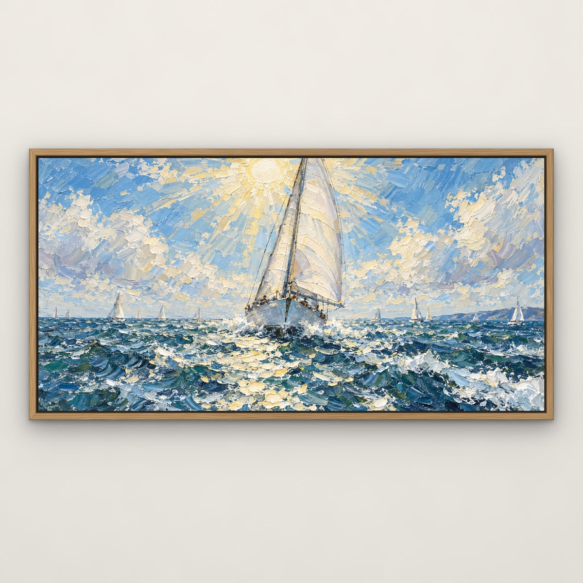 Sails at Noon, grey seascape hand-painted canvas wall art in a slim oak float frame – Gallery 23