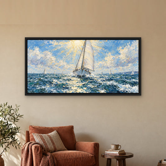 Sails at Noon, grey seascape hand-painted canvas wall art in a reading corner – Gallery 23