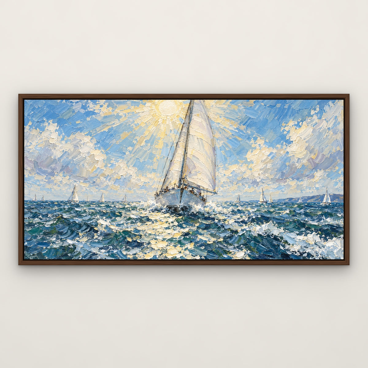 Sails at Noon, grey seascape hand-painted canvas wall art in a slim walnut float frame – Gallery 23