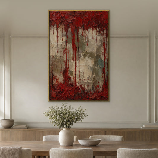 Crimson Drip Relief, red abstract hand-painted canvas wall art in a dining room – Gallery 23