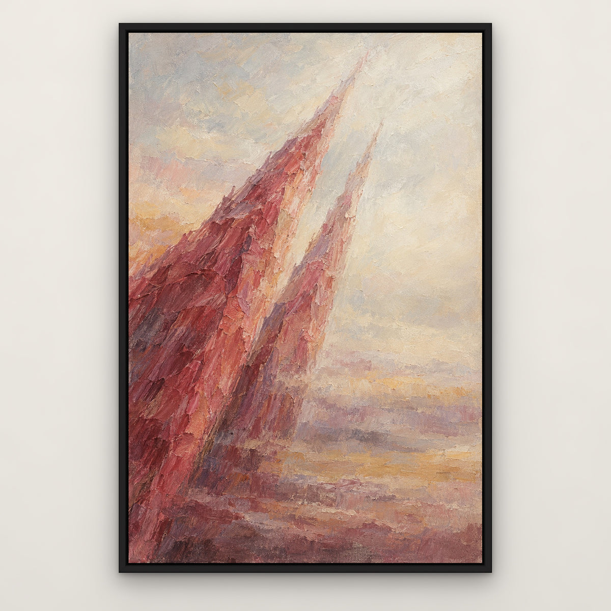 Rose Spire Haze, red abstract hand-painted canvas wall art in a slim black float frame – Gallery 23