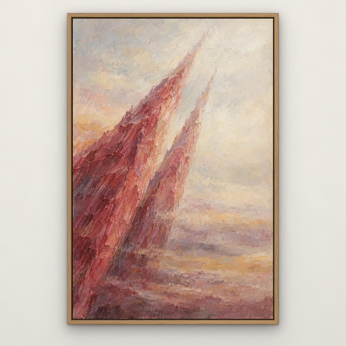 Rose Spire Haze, red abstract hand-painted canvas wall art in a slim oak float frame – Gallery 23