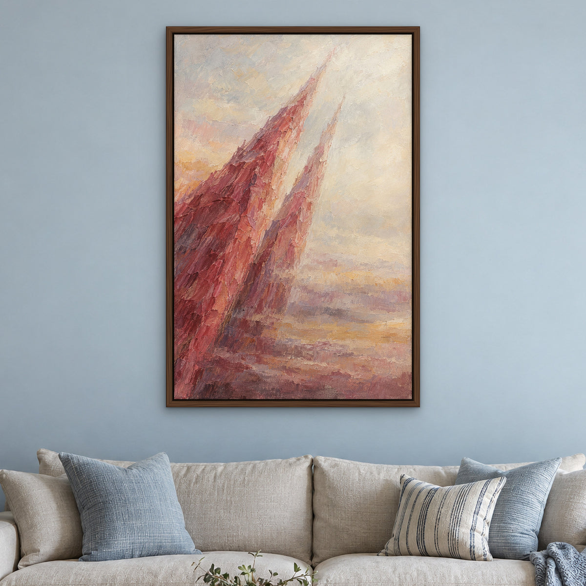 Rose Spire Haze, red abstract hand-painted canvas wall art in a living room – Gallery 23