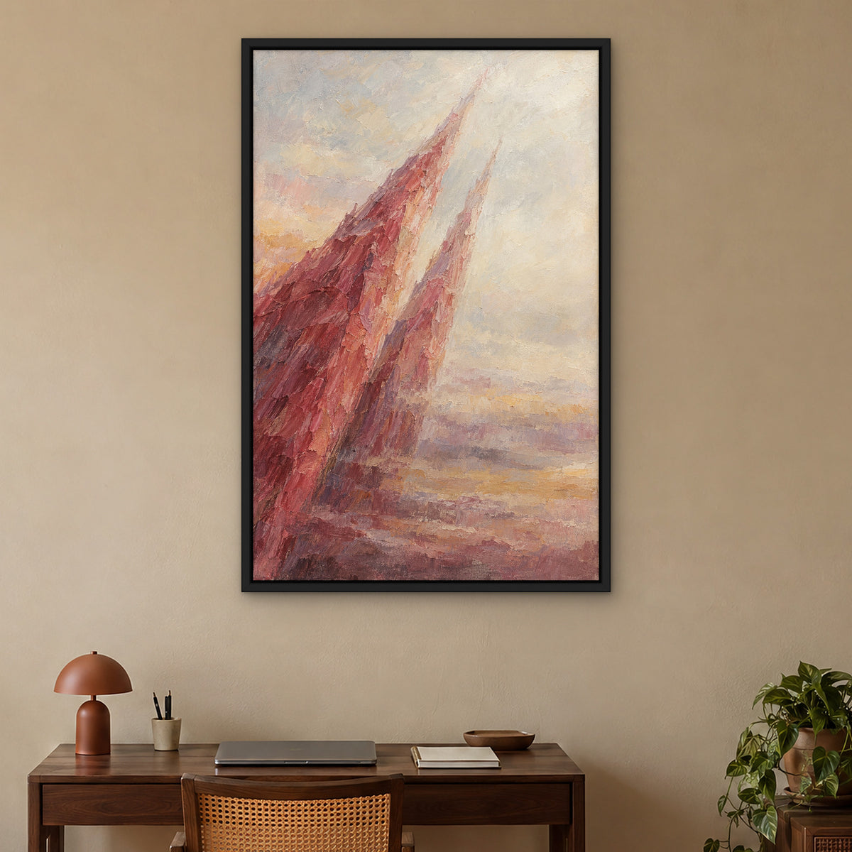 Rose Spire Haze, red abstract hand-painted canvas wall art in a home office – Gallery 23