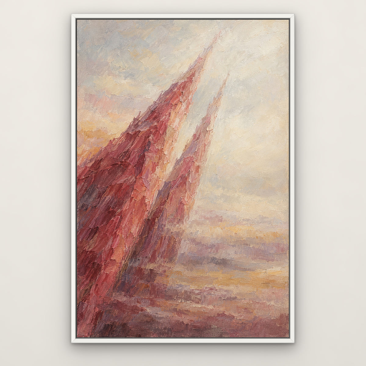 Rose Spire Haze, red abstract hand-painted canvas wall art in a slim white float frame – Gallery 23