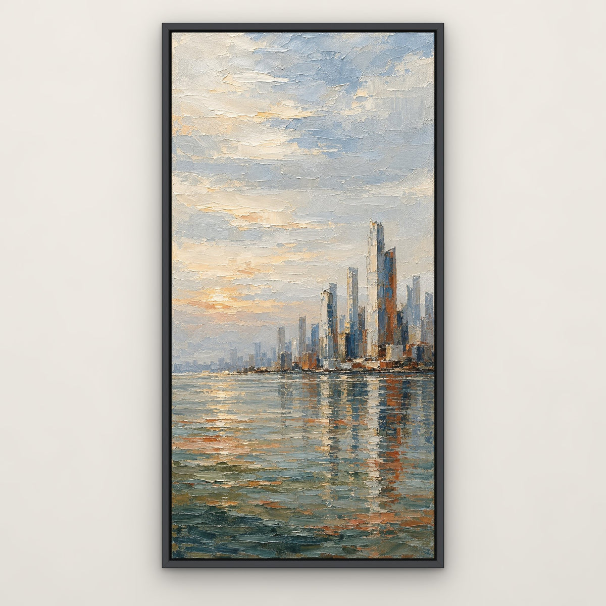 Reflected Towers, colourful abstract hand-painted canvas wall art in a slim dark grey float frame – Gallery 23