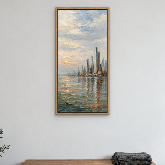 Reflected Towers, colourful abstract hand-painted canvas wall art in a bedroom – Gallery 23