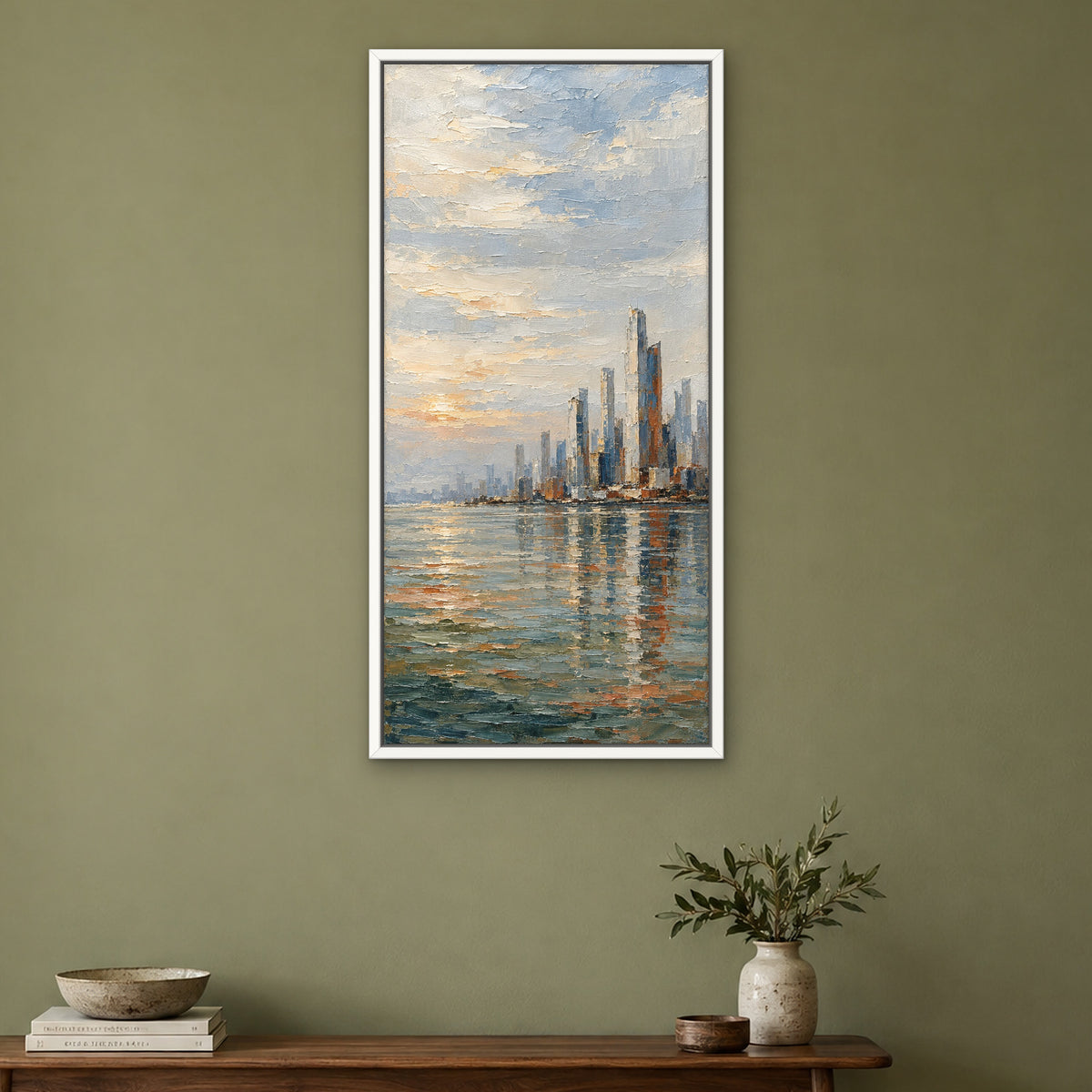 Reflected Towers, colourful abstract hand-painted canvas wall art in a hallway – Gallery 23