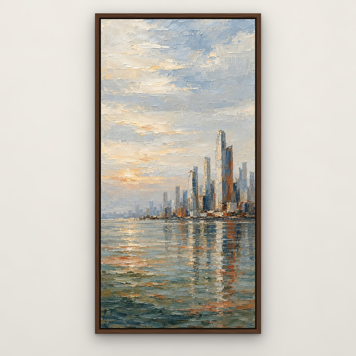 Reflected Towers, colourful abstract hand-painted canvas wall art in a slim walnut float frame – Gallery 23