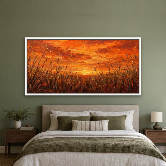 Tangerine Meadow Glow, orange abstract hand-painted canvas wall art in a bedroom – Gallery 23