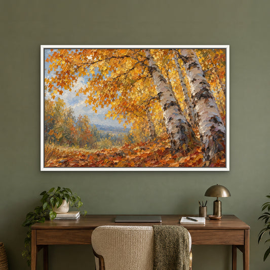 Birch Glow, red landscape hand-painted canvas wall art in a home office – Gallery 23