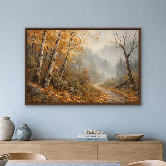 Misty Autumn Woods, grey landscape hand-painted canvas wall art in a dining room – Gallery 23