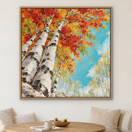 Turquoise Birch Woods, teal landscape hand-painted canvas wall art in a kitchen nook – Gallery 23