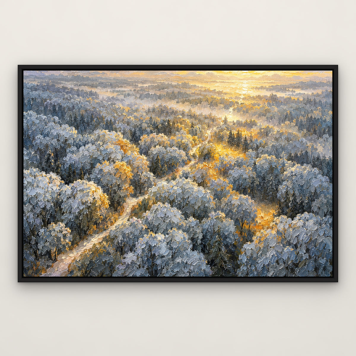 Silver Forest Glow, blue landscape hand-painted canvas wall art in a slim black float frame – Gallery 23