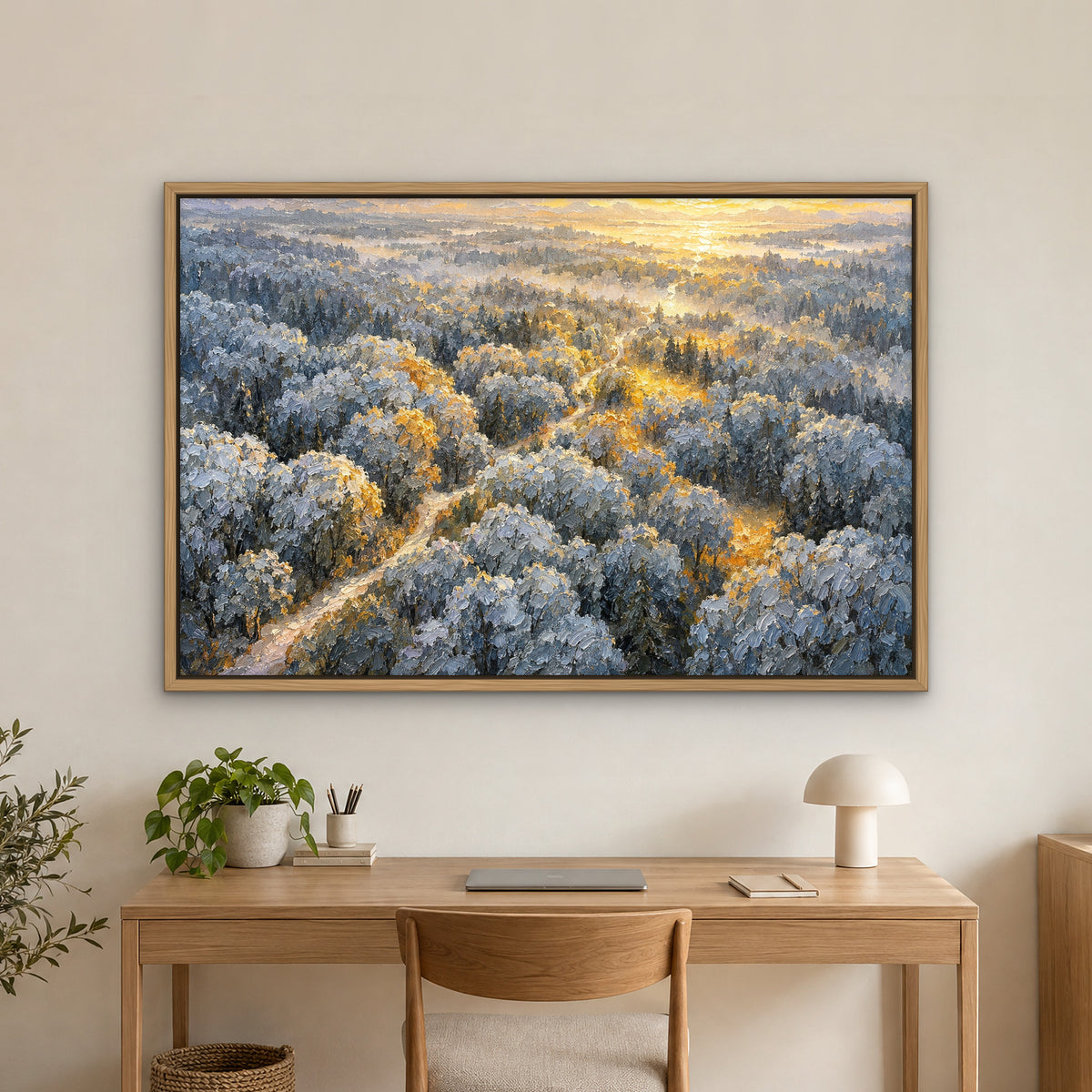Silver Forest Glow, blue landscape hand-painted canvas wall art in a home office – Gallery 23