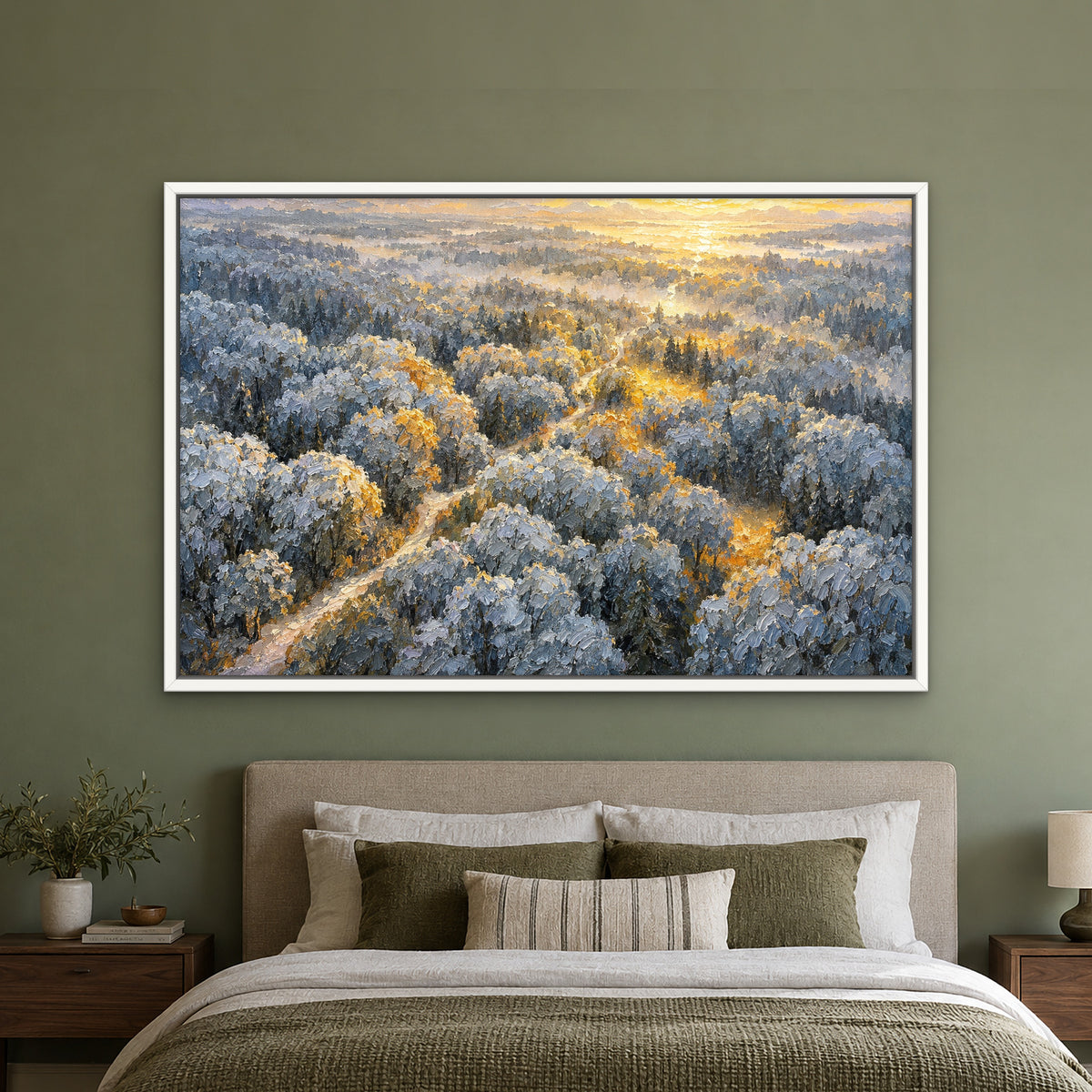 Silver Forest Glow, blue landscape hand-painted canvas wall art in a bedroom – Gallery 23